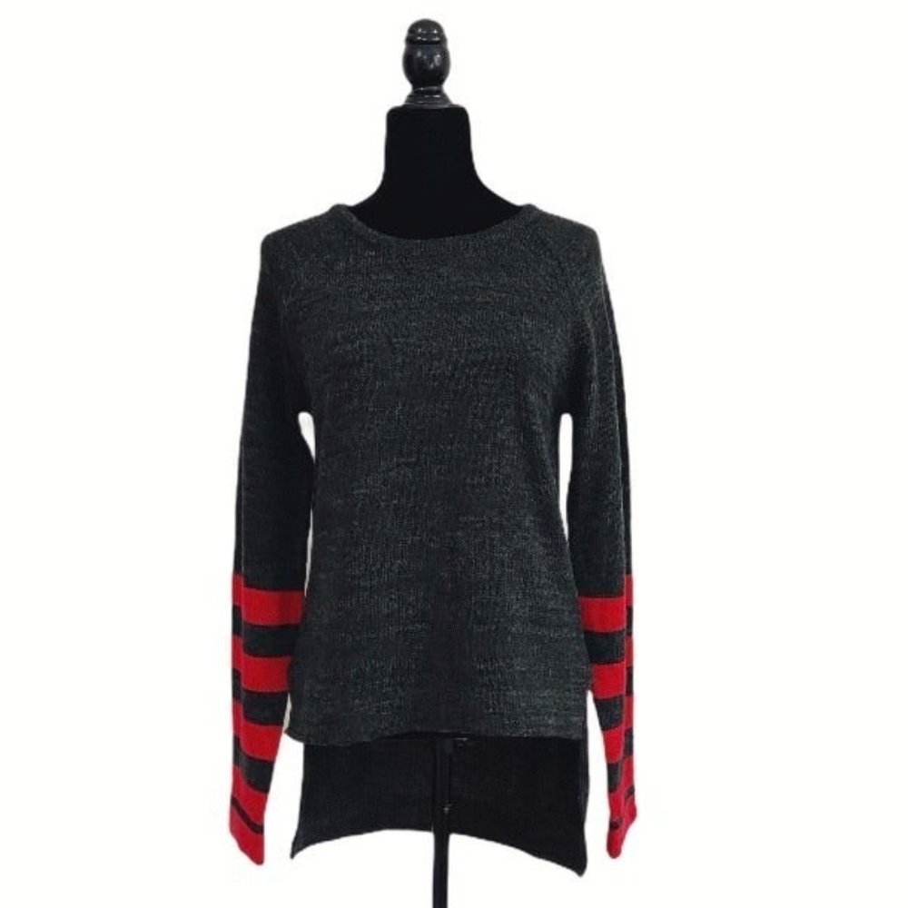 NWT LF Seek The Label Gray & Red Varsity Stripe Hi-Lo Crew Neck Knit Sweater XS